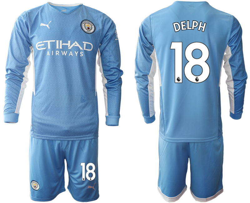Men 2021-2022 Club Manchester city home Light blue Long Sleeve #18 Soccer Jersey
